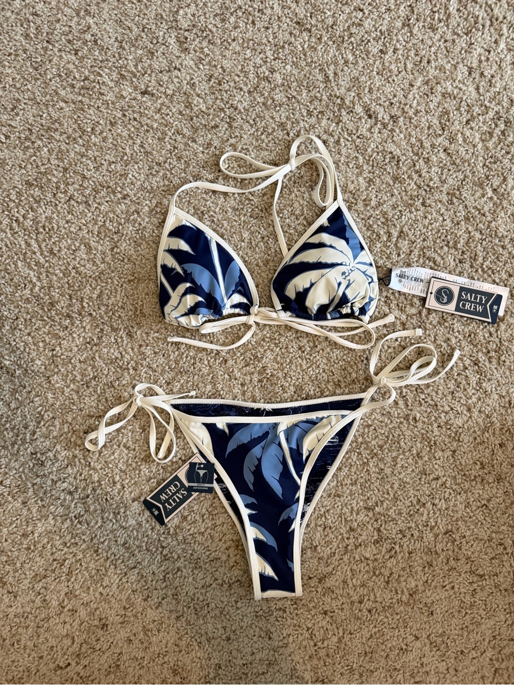 Salty Crew Navy and Cream Leaf Print Triangle Bikini